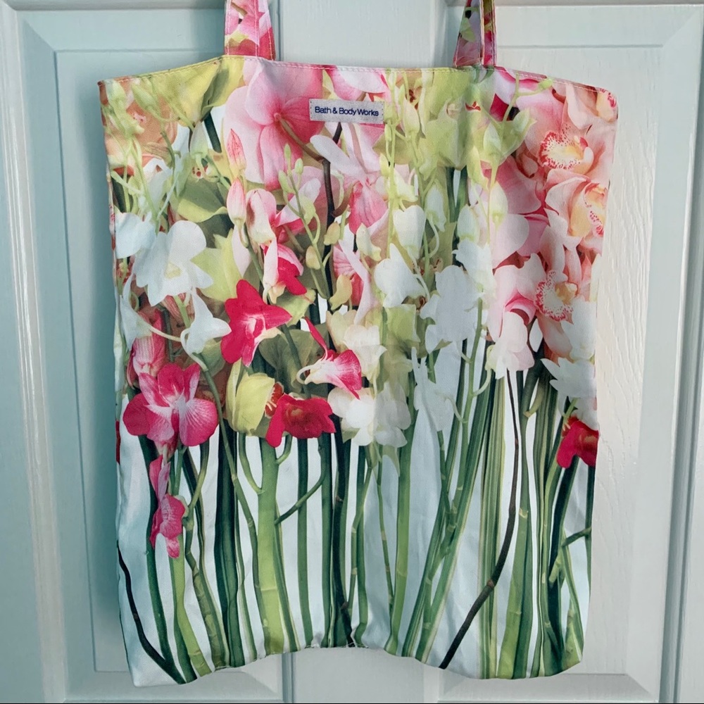 🟢 Bath & Body Works Fabric Tote Bag Vintage Flowers Floral Print Purse Shopping